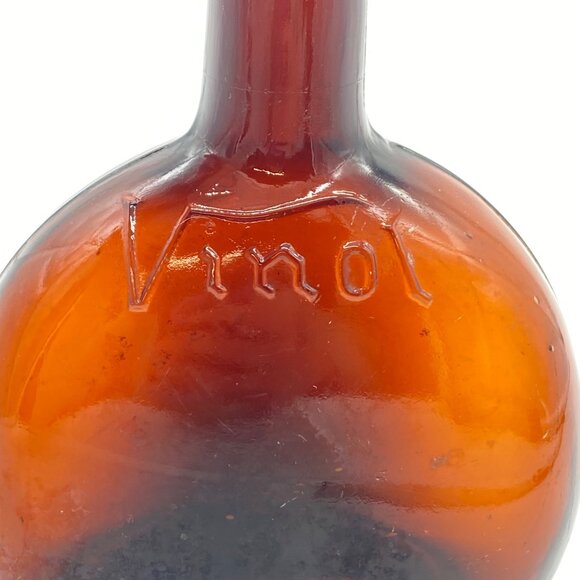 Pair Of Vintage Vinol Green and Amber Glass Flask Style Bottles Rounded Shape - Picture 10 of 15